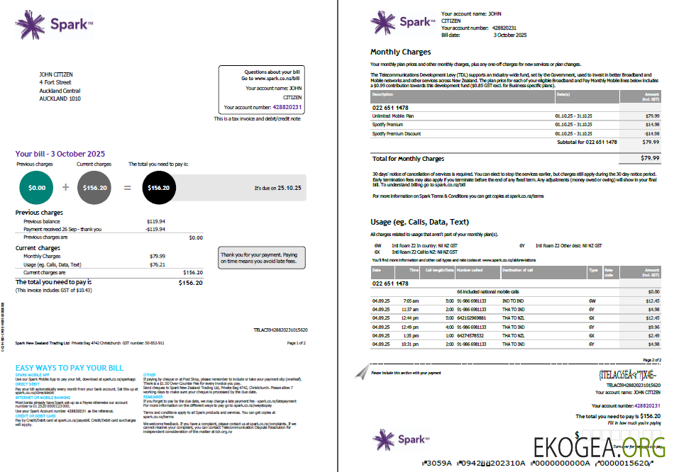 New Zealand spark utility bill template in word and pdf formats, 2 pages template